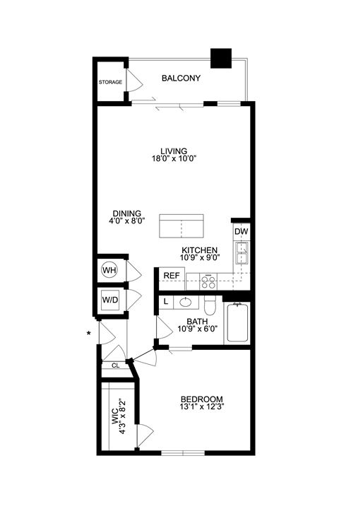 Floor plan for 1 bed, 1 bath, 748 sqft